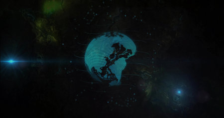 Rotating cyan or teal holographic globe showing scanlines, orbital trails and lens flares in dark...