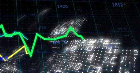 Displaying neon green line chart moving across virtual dashboard, with yellow line and cyan grid....