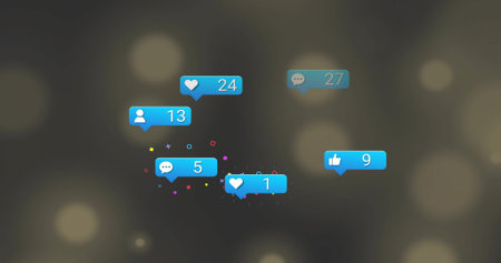 Floating six blue notification bubbles hovering on dark backdrop, showing icons, badges, confetti....