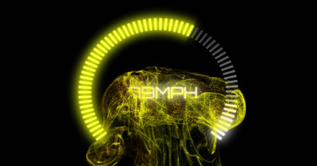 Displaying glowing yellow-green particle cloud on black void, showing segmented gauge and 79MPH. Neon, arc, hud, interface, futuristic, glow, energyの写真素材