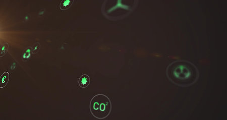 Floating glowing circular CO2 icon occupying center in dark virtual space, showing green tokens. Carbon, emissions, neon, abstract, digital, visualization, bokehの写真素材