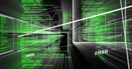 Streaming code panels and wireframes forming virtual data corridor, white streaks, labels 2000 2020....