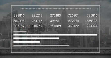Displaying centered translucent HUD overlay on rooftop ledge showing six-digit grid, progress bars....