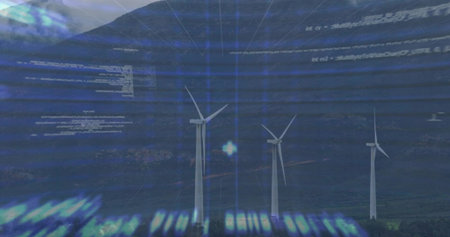 Displaying three wind turbines rotating on grassy hillside at dusk, with digital code overlays....