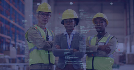 Posing three warehouse team wearing yellow helmets neon vests blazer ID by racks showing UI overlay....
