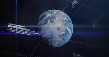 Orbiting Earth glowing with atmospheric halo in space displaying blue lens flares, binary grid. Planet, visualization, scifi, futuristic, digital, data, glowの写真素材