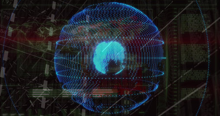 Projecting 3D holographic globe rotating in command center, with map outlines and data bars. Hologram, visualization, telemetry, analytics, hud, neon, cyberの写真素材