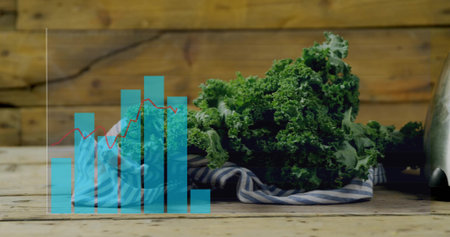 Displaying curly-kale on striped-cloth atop wood-table with copy space. Rustic, greens, kitchen,...
