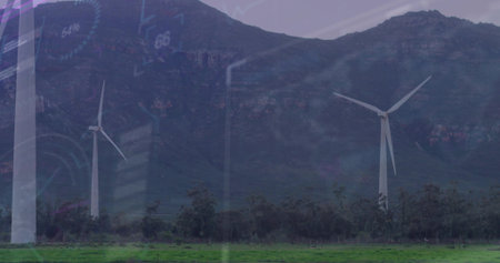 Standing three white turbines dominating mountain base at rural wind farm. Landscape, pasture,...