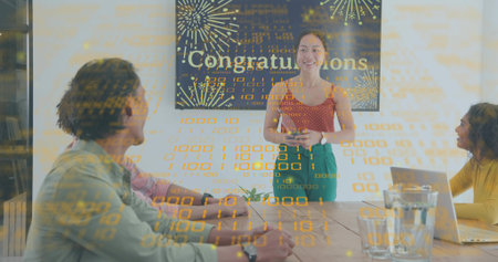 Presenting woman in red top holding phone addressing team in conference room, Congrats sign laptop. Collaboration, meeting, leadership, boardroom, office, modern, optimismの写真素材