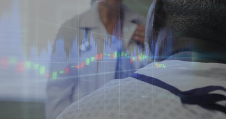 Clinician in coat, stethoscope observing patient in gown, blue tie in clinic, candlestick overlay....