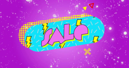 Featuring cyan pill banner declaring SALE on promotional poster, with pink letters, yellow bolts....
