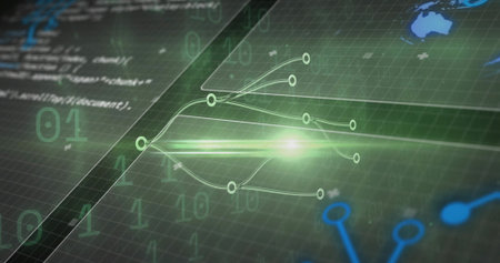 Rendering glowing central node with branching lines on virtual green grid, showing binary digits....