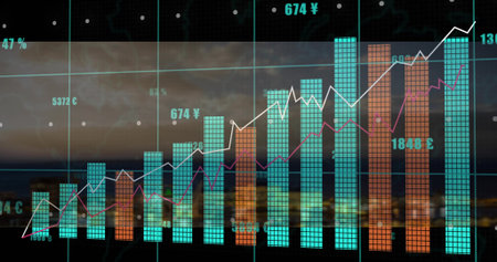 Displaying vertical bar chart on dashboard at night, featuring white and magenta trend lines. Data, analytics, visualization, finance, fintech, urban, skylineの写真素材