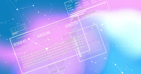 Floating hologram keyboard and clear panels glowing on purple-pink gradient, showing numeric 838849....