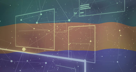 Showing frosted frames and node network over middle band in abstract UI with yellow-cyan outlines....