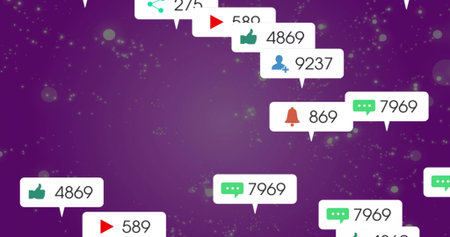 Floating white notification bubble cluster on purple gradient backdrop showing icons and numbers....