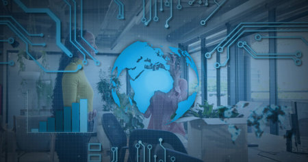 Gesturing team members in business casual presenting data in open-plan office, with blue data globe....