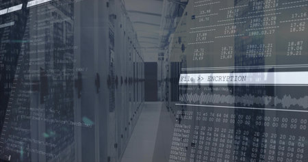 Displaying server aisle showing vented doors, LEDs and File  ENCRYPTION overlay in server room....