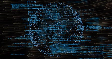 Pulsing blue data-point globe rotating in virtual space, streaming source-code text and streaks. Orb, cyan, neon, glow, wireframe, topology, visualizationの写真素材