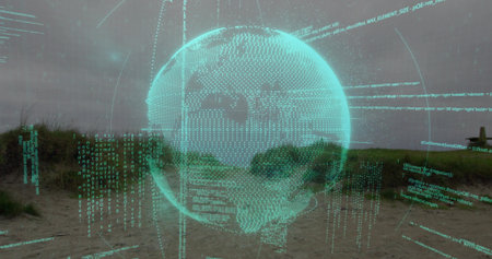 Hovering cyan hologram globe blending with dunes, streaming teal code around wooden ridge posts....