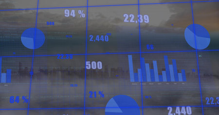 Displaying translucent blue grid overlay with pie charts bar chart metrics over hazy harbor skyline. Analytics, visualization, business, neon, urban, waterfront, futuristicの写真素材