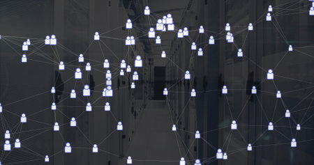 Floating user-icon glyphs and network overlay filling datacenter corridor, showing racks and LEDs....