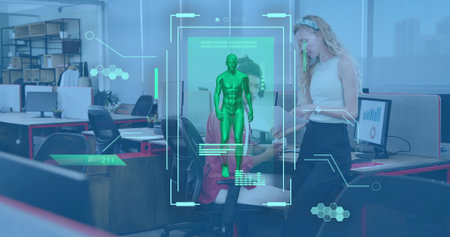 Displaying HUD green hologram in office, woman in sleeveless top holding tablet, man in red hoodie. Augmentedreality, datavisualization, 3dmodel, collaboration, workplace, dashboard, minimalistの写真素材