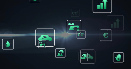 Displaying neon-green eco icons in rounded squares floating on dark UI, showing electric car, CO2. Dashboard, visualization, analytics, sustainability, emissions, energy, waterの写真素材