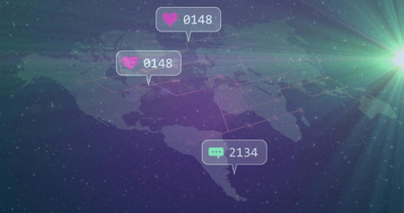 Showing clear N or C America map with glowing nodes and links, callouts 0148,2134, lens flare...