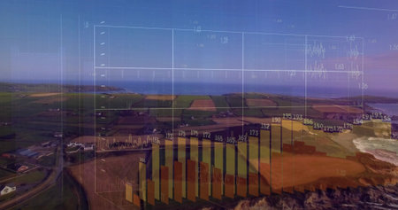 Showing translucent 3D data overlay centered over coastal fields and cliffs, with bar charts....
