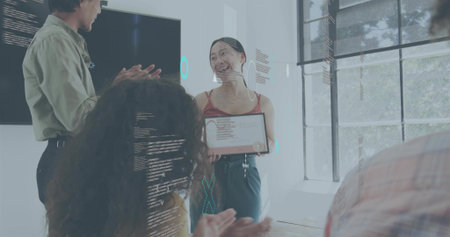 Smiling woman wearing red top and dark pants holding framed certificate in bright meeting room. Recipient, presenter, audience, award, applause, professional, recognitionの写真素材