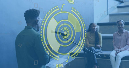 Speaking speaker in green jacket, glasses addressing women on concrete steps lectern, copy space. Presenter, hud, discussion, audience, modern, education, bleachersの写真素材