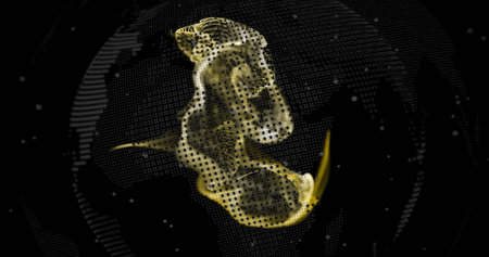 Glowing central golden particle formation floating in virtual black void, with dotted globe grid. Luminous, sphere, dots, abstract, futuristic, digital, visualizationの写真素材