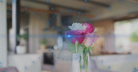 Displaying clear glass vase holding roses in living room with blue overlay and lens flare. Centerpiece, bouquet, vessel, lounge, daylight, minimalist, sereneの写真素材