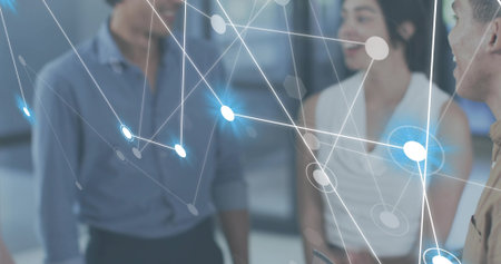 Discussing three coworkers in business casual holding device while viewing hologram in office. Teamwork, augmented, reality, tablet, futuristic, network, workspaceの写真素材