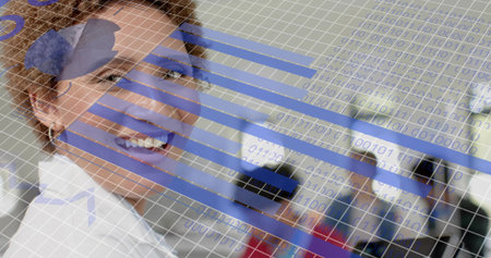 Smiling woman wearing white collar, hoop filling left office frame showing bits grid with blue bars. Portrait, collaboration, teamwork, technology, analytics, workspace, corporateの写真素材
