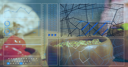 Displaying translucent HUD spanning tabletop at kitchen, showing charts, maps, red fruit, seed bowl. Futuristic, overlay, interface, data, visualization, mixedreality, surfaceの写真素材