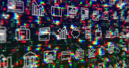 Displaying centered array of white line finance icons over RGB pixel matrix on monitor, icon grid. Neon, vibrant, abstract, dashboard, data, analytics, chartsの写真素材