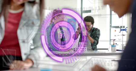 Working man in green-plaid shirt with safety-glasses adjusting tubing on lab bench. Classroom, science, collaboration, teamwork, experiment, sunlit, beakersの写真素材