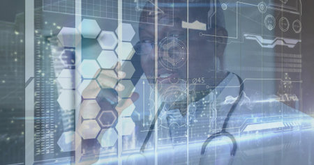 Interacting doctor touching hexagonal HUD tiles in medical lab, in white lab coat with stethoscope. Holographic, touchscreen, telemedicine, healthtech, data, analytics, futuristicの写真素材