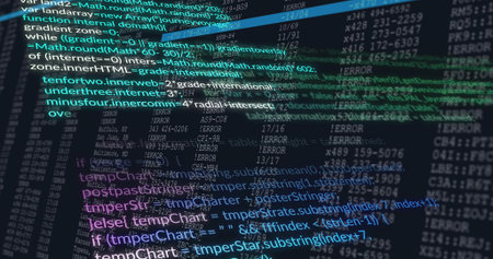 Glowing cluster of teal purple white code filling monitor, showing ERROR logs and data tables. Digital, terminal, grid, neon, futuristic, matrix, debuggingの写真素材