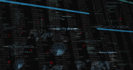 Displaying log on command-center screen, showing [REDACTED] columns, cyan bars, red markers. Dashboard, telemetry, visualization, monitoring, network, globe, nodesの写真素材