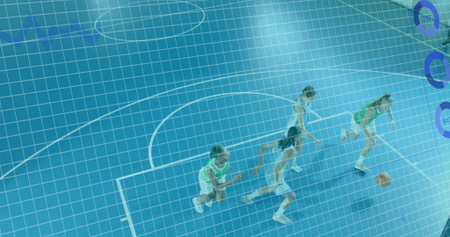 Dribbling four female players wearing green vests on blue court, carrying basketball, HUD grid. Women, ball, gym, overlay, analytics, motion, competitionの写真素材