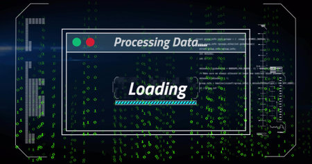 Displaying central white-framed dialog box on virtual interface, showing teal-striped progress bar. Matrix, binary, code, monitor, screen, hud, futuristicの写真素材