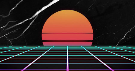 Glowing neon grid with cyan pink lines leading to scanline orange-red sun on retro marble backdrop. Retrowave, synthwave, vaporwave, horizon, perspective, futuristic, abstractの写真素材