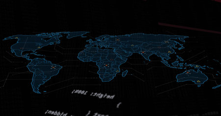 Displaying neon-blue map outline on HUD display, showing grid, orange markers, flipped code. Projection, geospatial, latlong, holographic, glow, perspective, futuristicの写真素材