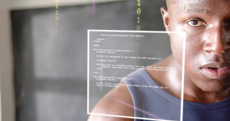 Studying developer in dark blue sleeveless shirt viewing code UI panel in studio with binary digits. Portrait, coder, holographic, translucent, interface, futuristic, neonの写真素材