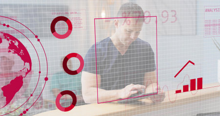 Analyzing man in V-neck shirt leaning on wooden counter in office, using tablet with data overlay. Hud, analytics, globe, charts, grid, workspace, minimalの写真素材
