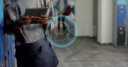 Leaning teen in plaid holding tablet while wearing shoulder bag by blue lockers, HUD overlay. Campus, students, hallway, device, education, modern, urbanの写真素材
